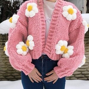 Myracle Handmade Charming Pink 3D Daisy Knit Cardigan